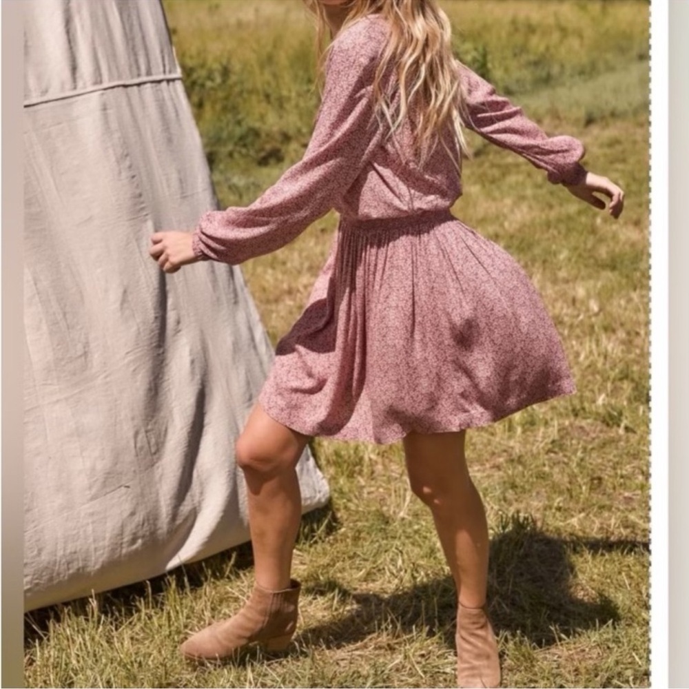 Faherty Montara Mauve Leaf Batik Long Sleeve Dress Size Medium